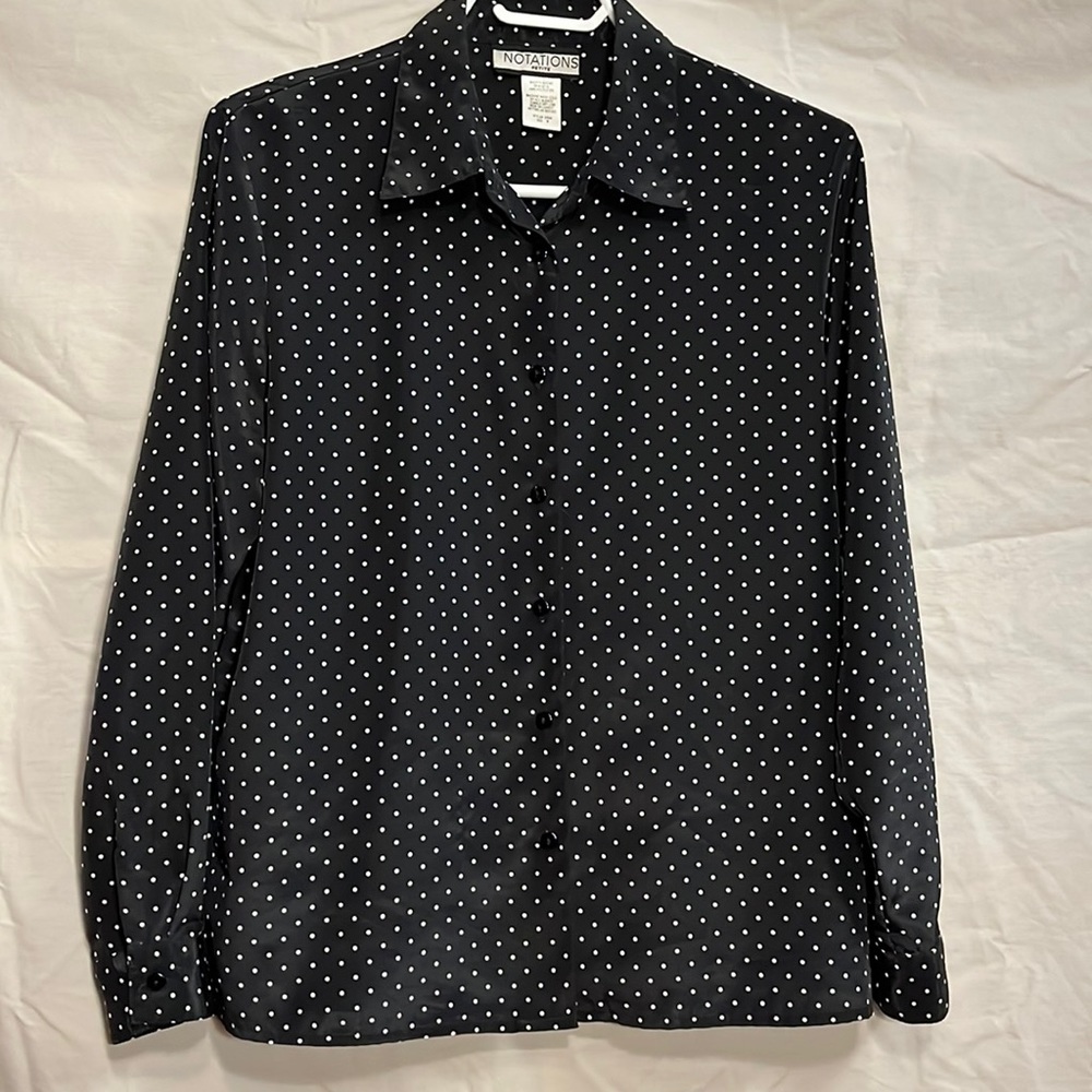 Notations Petite Black White Polka Dot Button Down Blouse Women’s Size MP / M